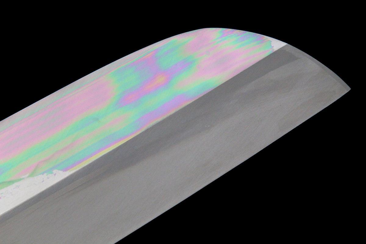 未使用品|高鳳正國 玄海正國 向米雄 伯鳳 伯井實 鎌型薄刃包丁 水焼本焼 八寸 富士波 満月 黒檀柄 黒檀鞘・箱付 λA7046-2L4_画像4