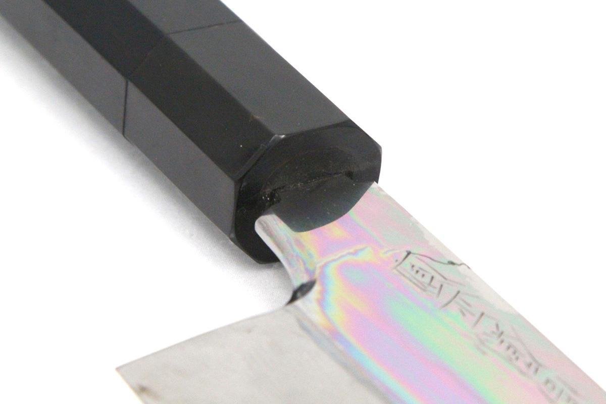 未使用品|高鳳正國 玄海正國 向米雄 伯鳳 伯井實 鎌型薄刃包丁 水焼本焼 八寸 富士波 満月 黒檀柄 黒檀鞘・箱付 λA7046-2L4_画像9