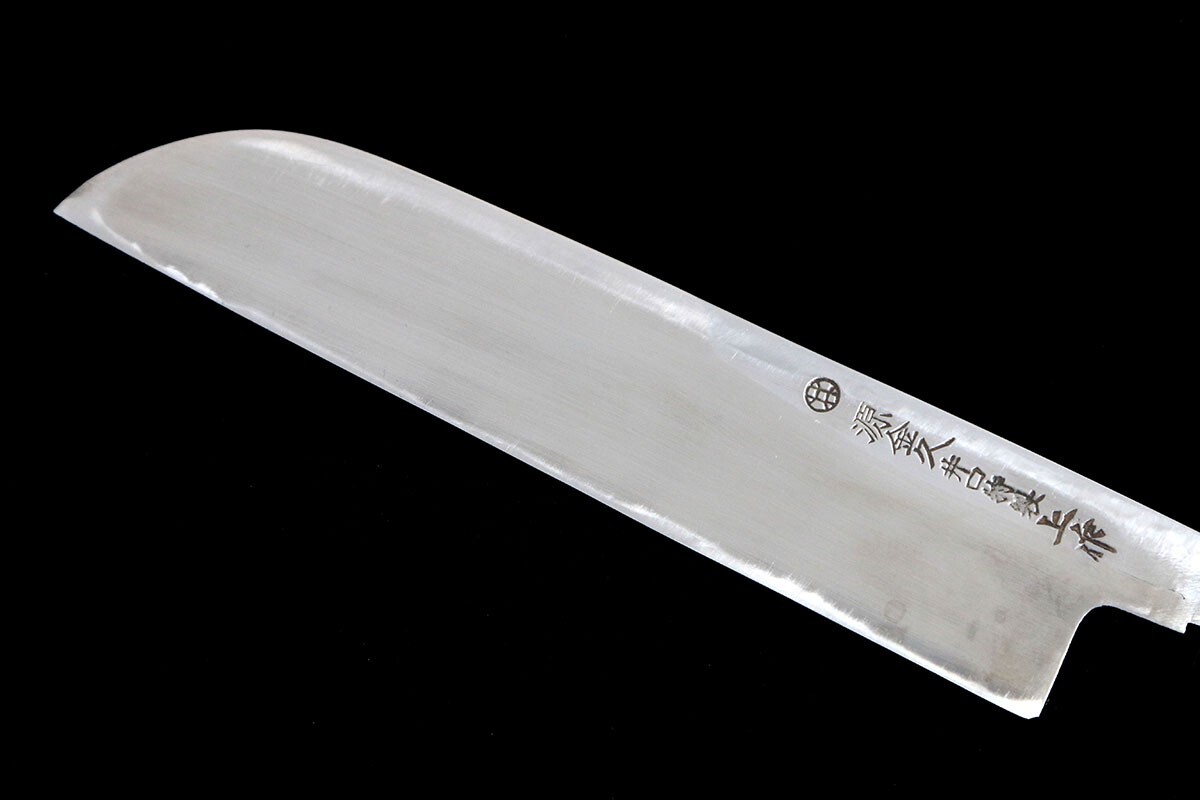 美品|源金久 鎌型薄刃包丁 霞 六寸半 朴柄 鞘付 名入 KN02-B477-2L3B_画像4