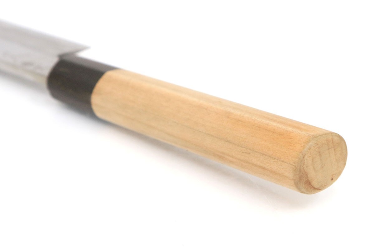 美品|源金久 鎌型薄刃包丁 霞 六寸半 朴柄 鞘付 名入 KN02-B477-2L3B_画像5