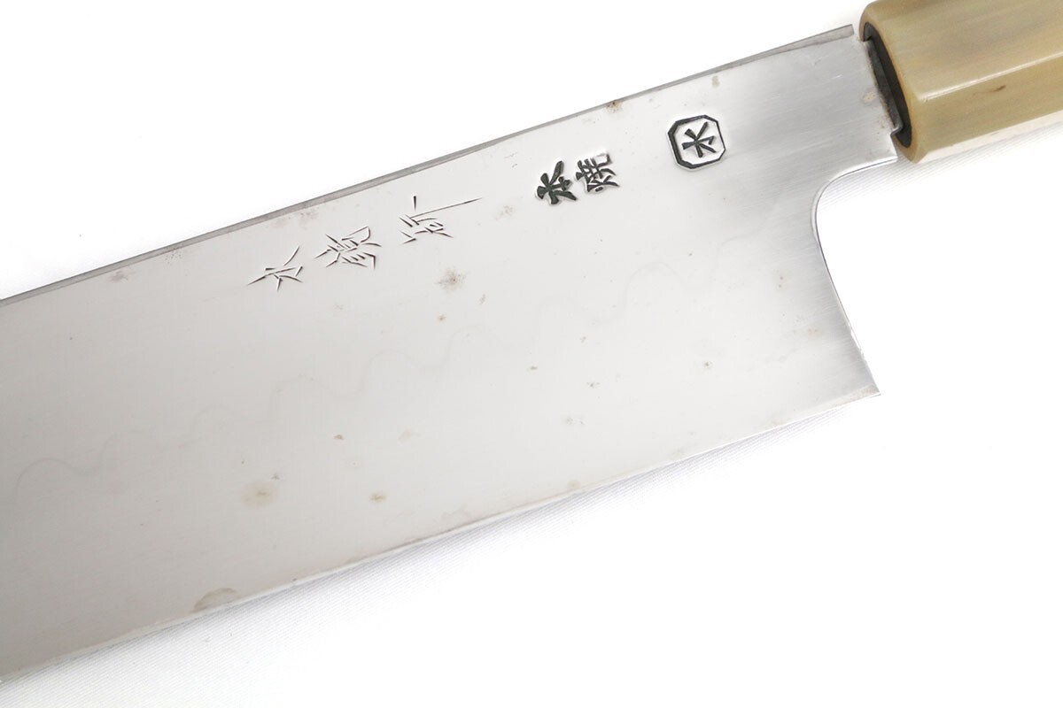 未使用品|子の日 鎌型薄刃包丁 水本焼 八寸 水鏡研 黒檀柄 黒檀鞘・箱付 KN02-B2115-2L4_画像5