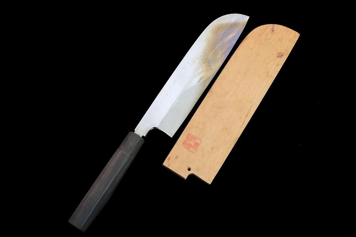 並品|伯龍宗良 鎌型薄刃包丁 本焼 八寸 黒檀柄 鞘付 KN02-B741-2L3C_画像1