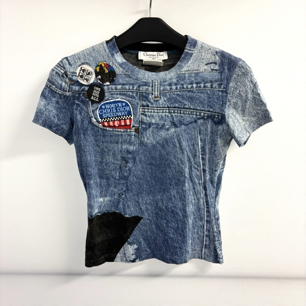 【1円スタート】激レア ガリアーノ期 クリスチャンディオール Christian Dior 半袖Ｔシャツ 36 デニム転寫プリント ブルー