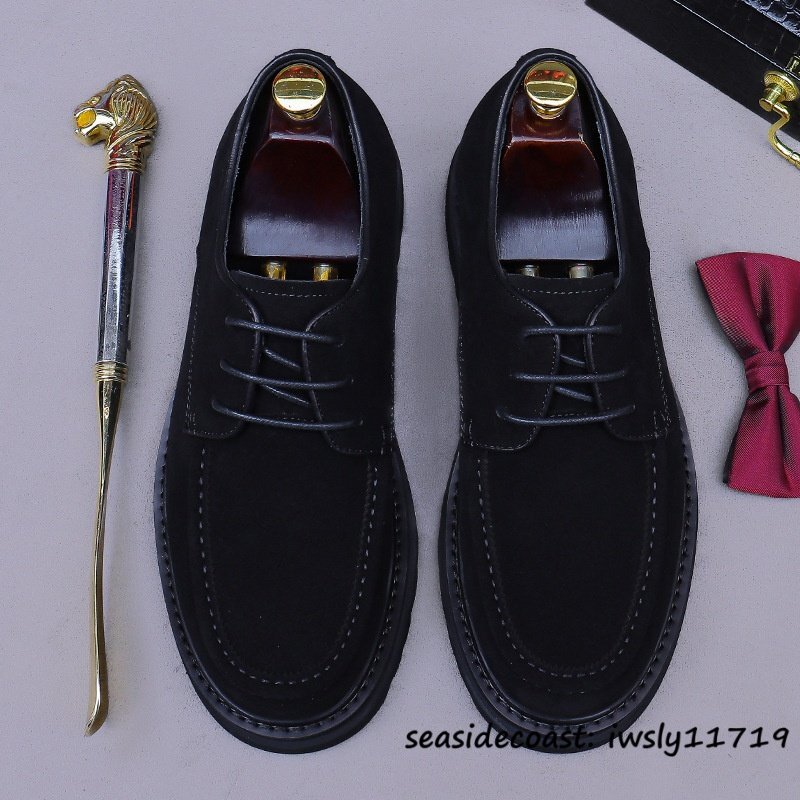 定価10万超★最高級 スエード革 ビジネスシューズ メンズ 本革 レザーシューズ スリッポン ローファー 牛革 革靴 紳士靴 ブラック 25.0cm