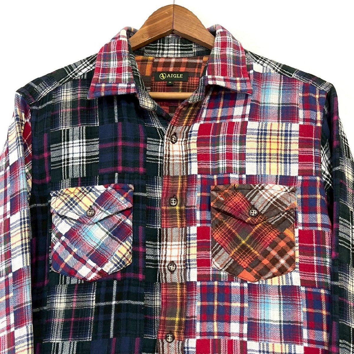(^w^)b AIGLE エーグル 長袖 ネル シャツ 羽織 コットン 綿 総柄 パッチワーク チェック 柄 カジュアル お洒落 マルチカラー M/OY14685mm_画像4