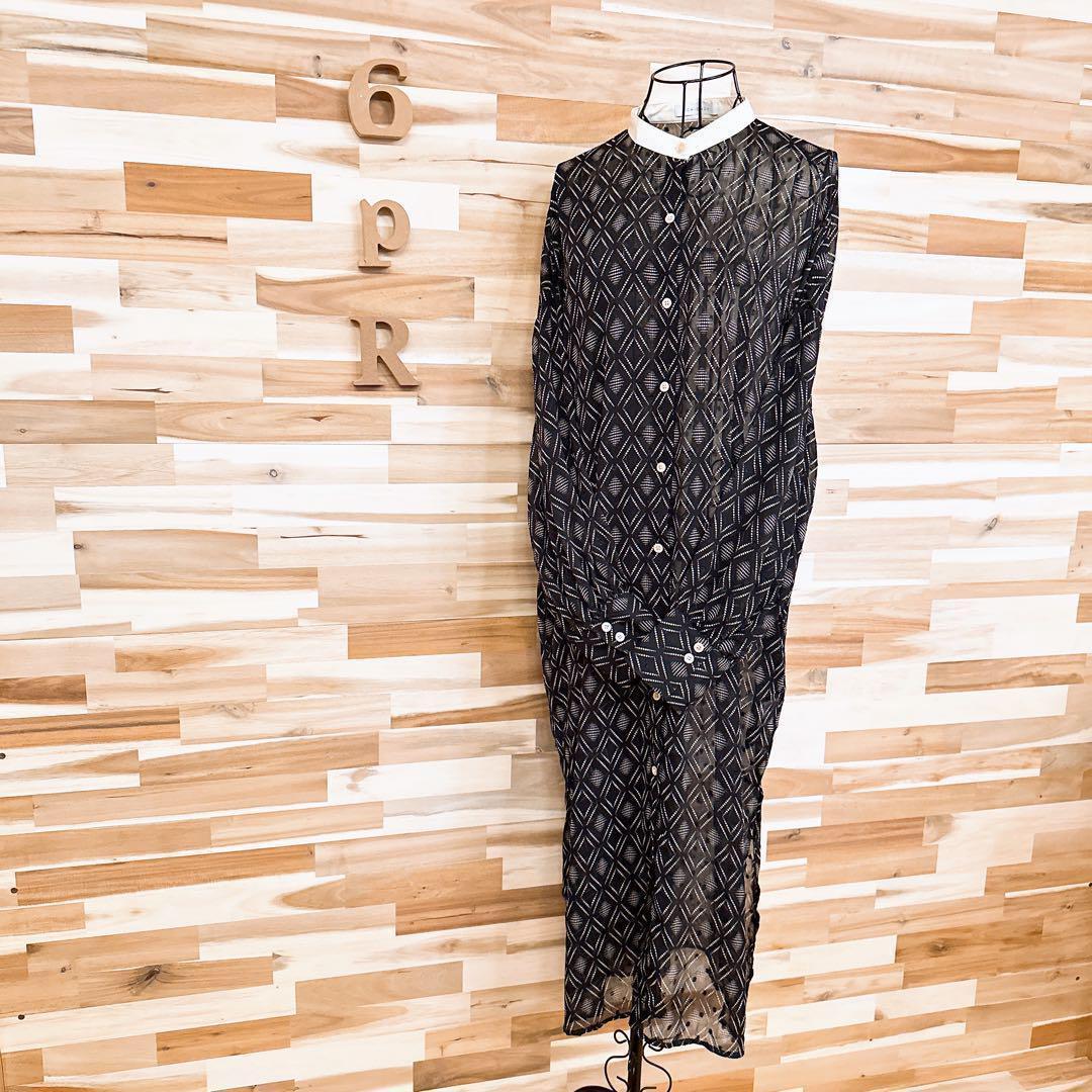 【シニヨン】ジオメトリック シアー ロング シャツ ワンピース 総柄 黒×白【HFby6PR】レディース・洋服・春夏【K9V4G3M】_画像1