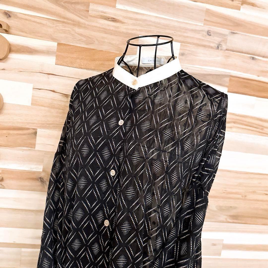 【シニヨン】ジオメトリック シアー ロング シャツ ワンピース 総柄 黒×白【HFby6PR】レディース・洋服・春夏【K9V4G3M】_画像2