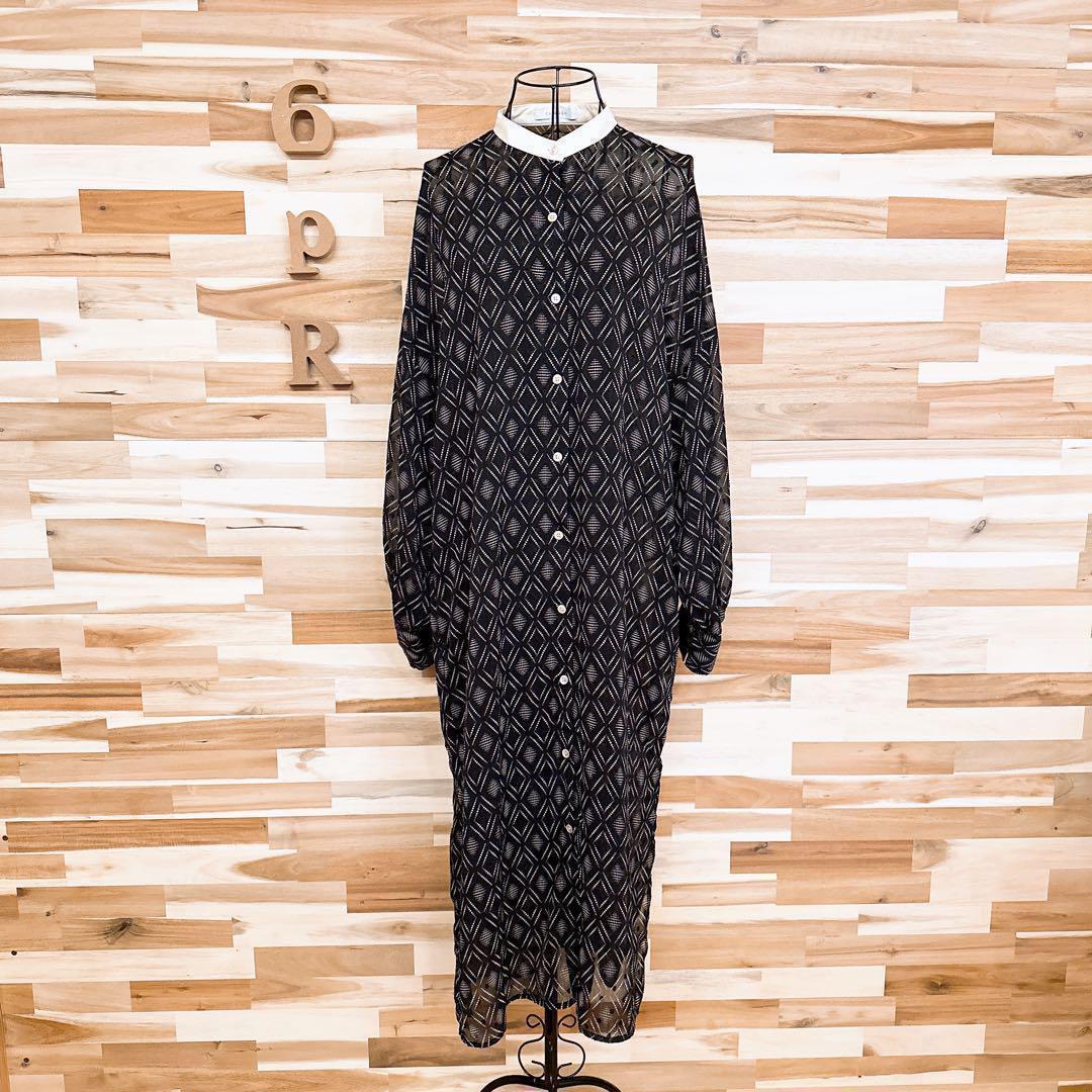 【シニヨン】ジオメトリック シアー ロング シャツ ワンピース 総柄 黒×白【HFby6PR】レディース・洋服・春夏【K9V4G3M】_画像4
