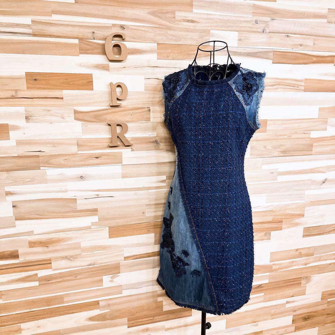 稀少【デシグアル】デニム ツイード ドッキング ノースリーブ ワンピース S 紺【HFby6PR】レディース・洋服・春夏・秋冬【V3N3G3F】_画像1