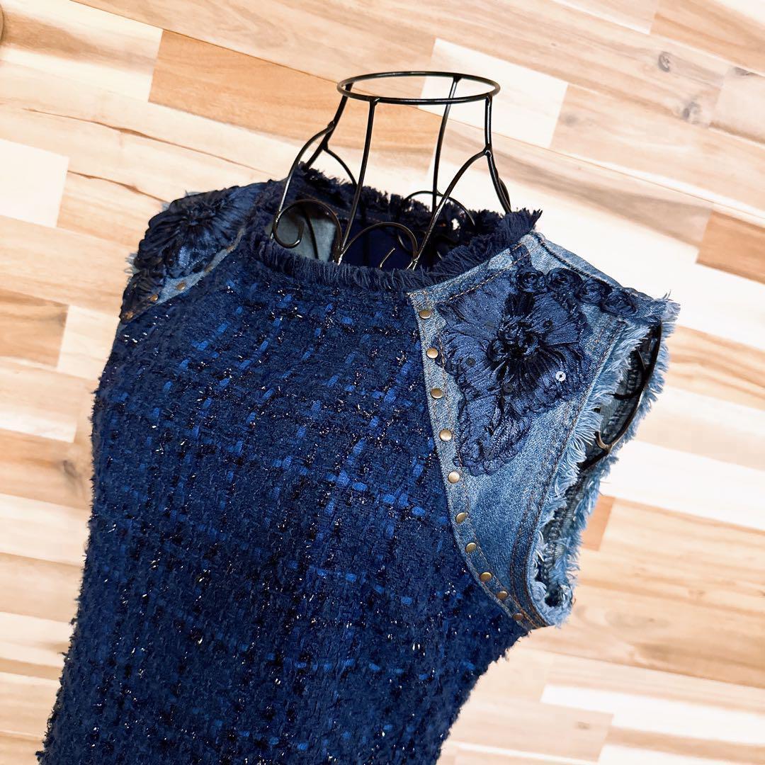 稀少【デシグアル】デニム ツイード ドッキング ノースリーブ ワンピース S 紺【HFby6PR】レディース・洋服・春夏・秋冬【V3N3G3F】_画像2