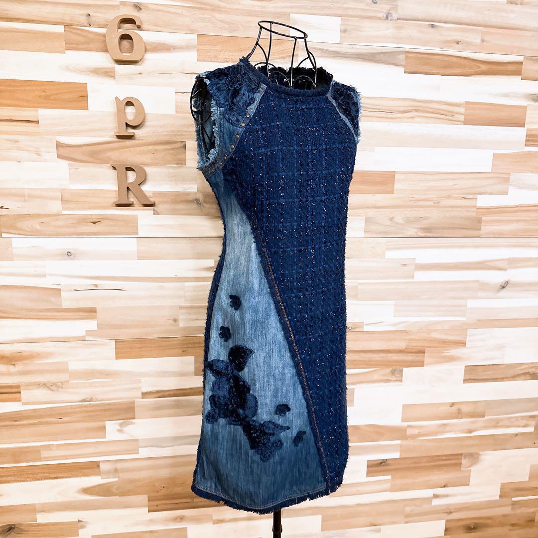 稀少【デシグアル】デニム ツイード ドッキング ノースリーブ ワンピース S 紺【HFby6PR】レディース・洋服・春夏・秋冬【V3N3G3F】_画像4