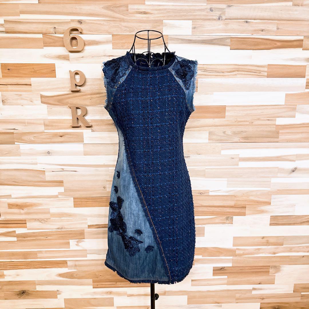 稀少【デシグアル】デニム ツイード ドッキング ノースリーブ ワンピース S 紺【HFby6PR】レディース・洋服・春夏・秋冬【V3N3G3F】_画像6