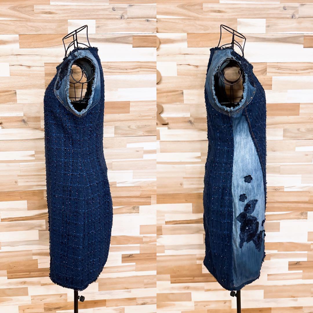 稀少【デシグアル】デニム ツイード ドッキング ノースリーブ ワンピース S 紺【HFby6PR】レディース・洋服・春夏・秋冬【V3N3G3F】_画像8