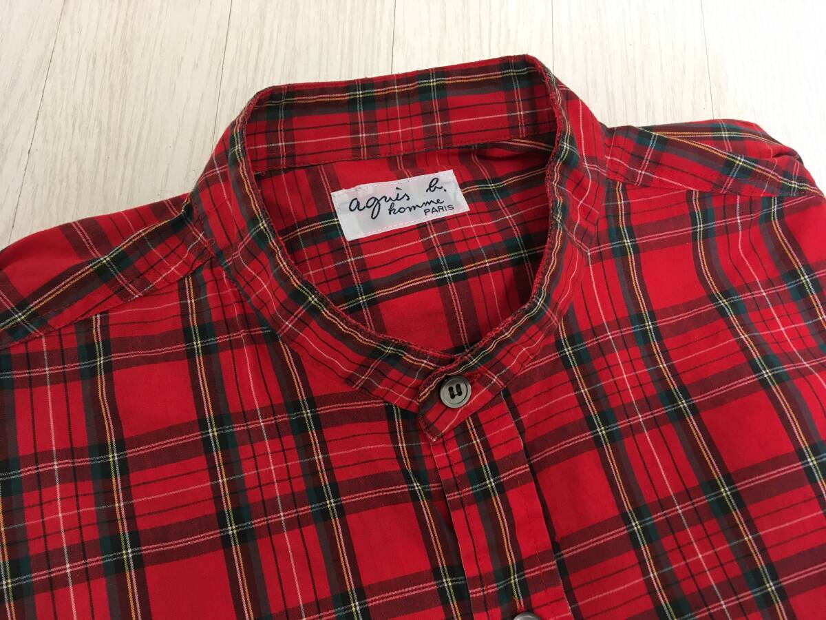 美品 agnes b フランス制 タータンチェック コットン スタンドカラー シャツ アニエスベー オム メンズ レッド 赤 MADE IN FRANCE 