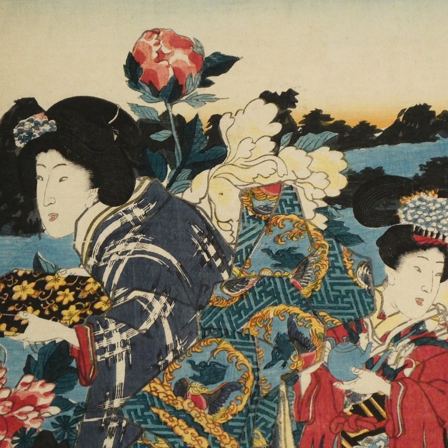 170 三代歌川豊國 園胡蝶牡丹英 三枚続◆美人絵◆版畫◆浮世絵◆真作