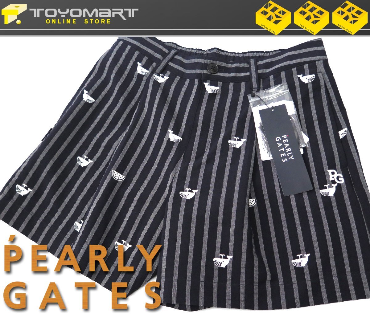 G133● PEARLY GATES パーリーゲイツ ●新品 【クジラ＆スイカ刺繍】 サッカーストライプ　ストレッチ キュロット　濃紺/S　定価30800円