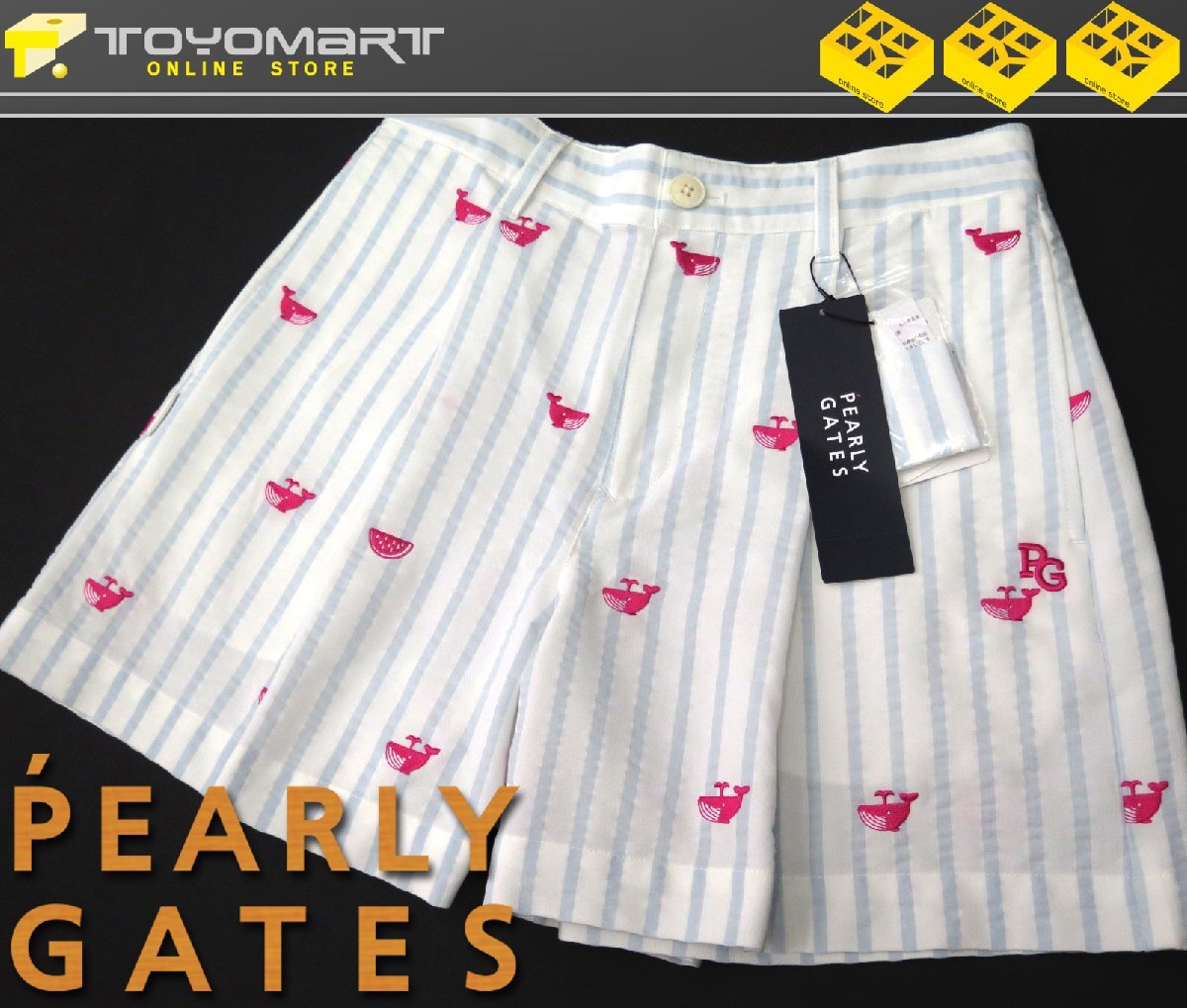 G134● PEARLY GATES パーリーゲイツ ●新品 【クジラ＆スイカ刺繍】 サッカーストライプ　ストレッチ キュロット　白/S　定価30800円