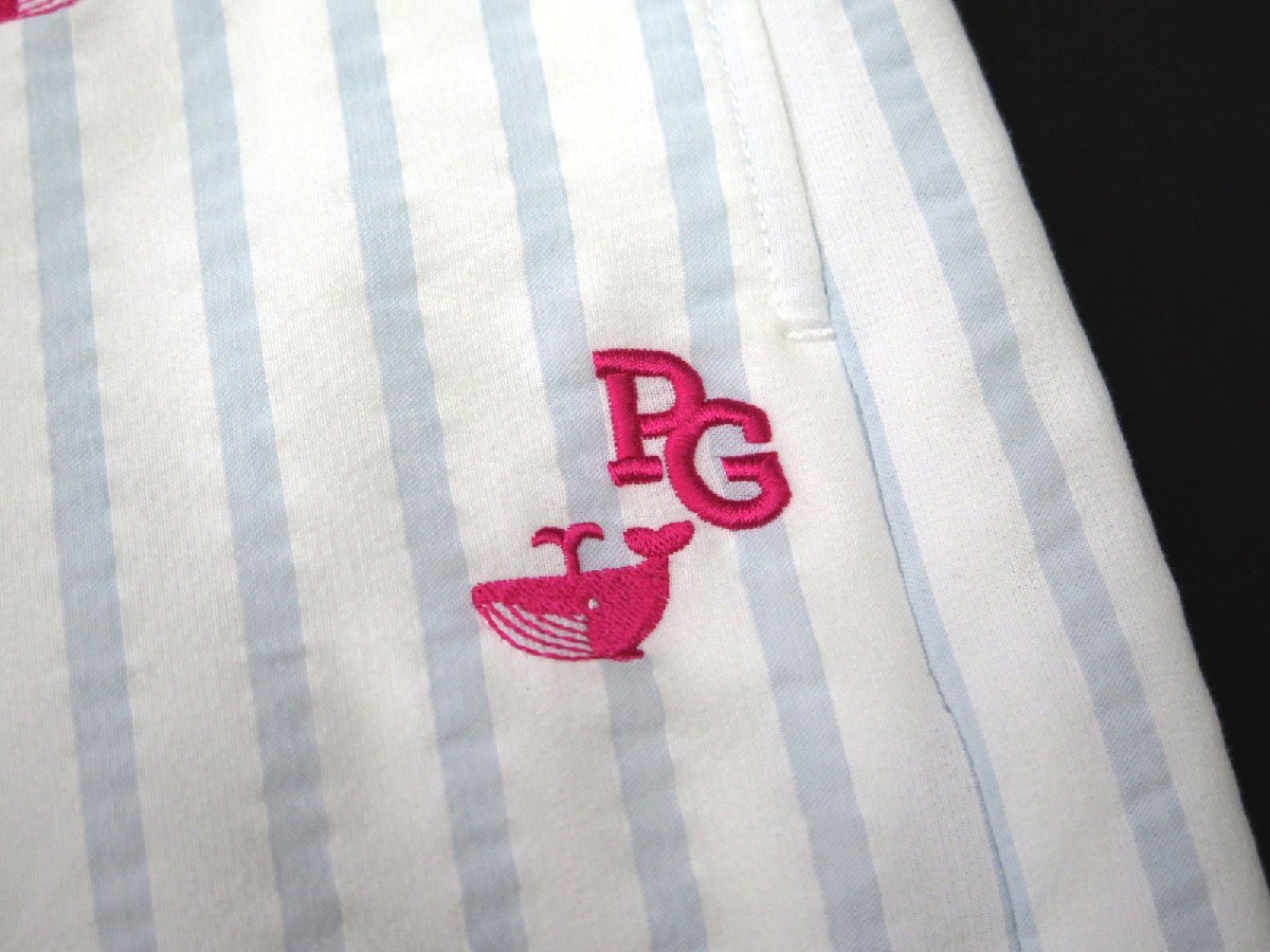 G134● PEARLY GATES パーリーゲイツ ●新品 【クジラ＆スイカ刺繍】 サッカーストライプ　ストレッチ キュロット　白/S　定価30800円