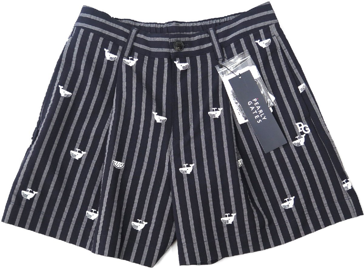 G133● PEARLY GATES パーリーゲイツ ●新品 【クジラ＆スイカ刺繍】 サッカーストライプ　ストレッチ キュロット　濃紺/S　定価30800円