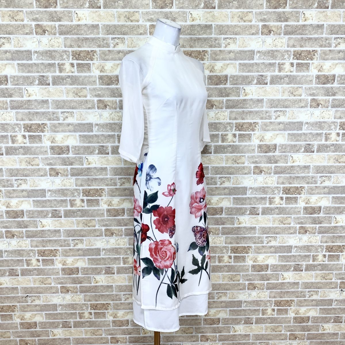 1円 チャイナドレス 長(zhǎng)袖ロングワンピース S 白系柄 カラードレス キャバドレ 発表會(huì) フォーマル 中古１４５９８