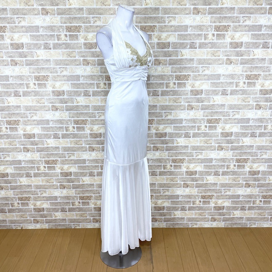 1円 ドレス ZIZI Dress ホルターネックタイプドレス 白系光沢 纟引きキズ多い カラードレス キャバドレ 　中古１４５５８