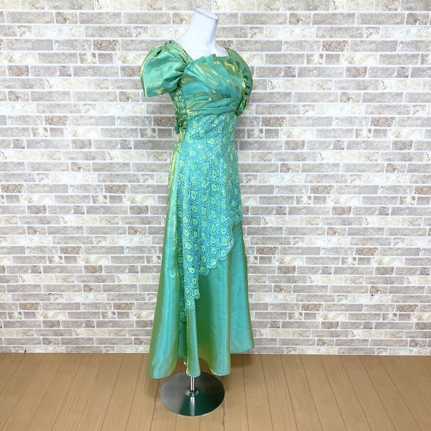 1円 ドレス ICHIOKU ロングドレス 緑系光沢 肩紐アジャスター不良（畫像） カラードレス キャバドレ 発表會(huì) 　中古１４５６８