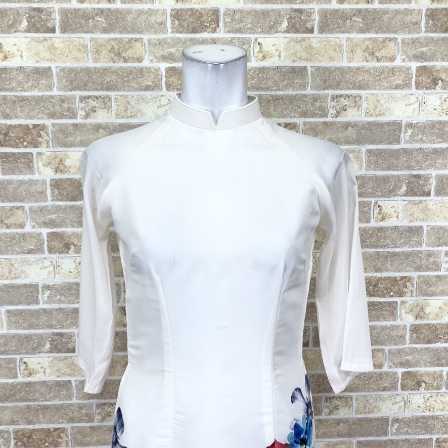 1円 チャイナドレス 長(zhǎng)袖ロングワンピース S 白系柄 カラードレス キャバドレ 発表會(huì) フォーマル 中古１４５９８