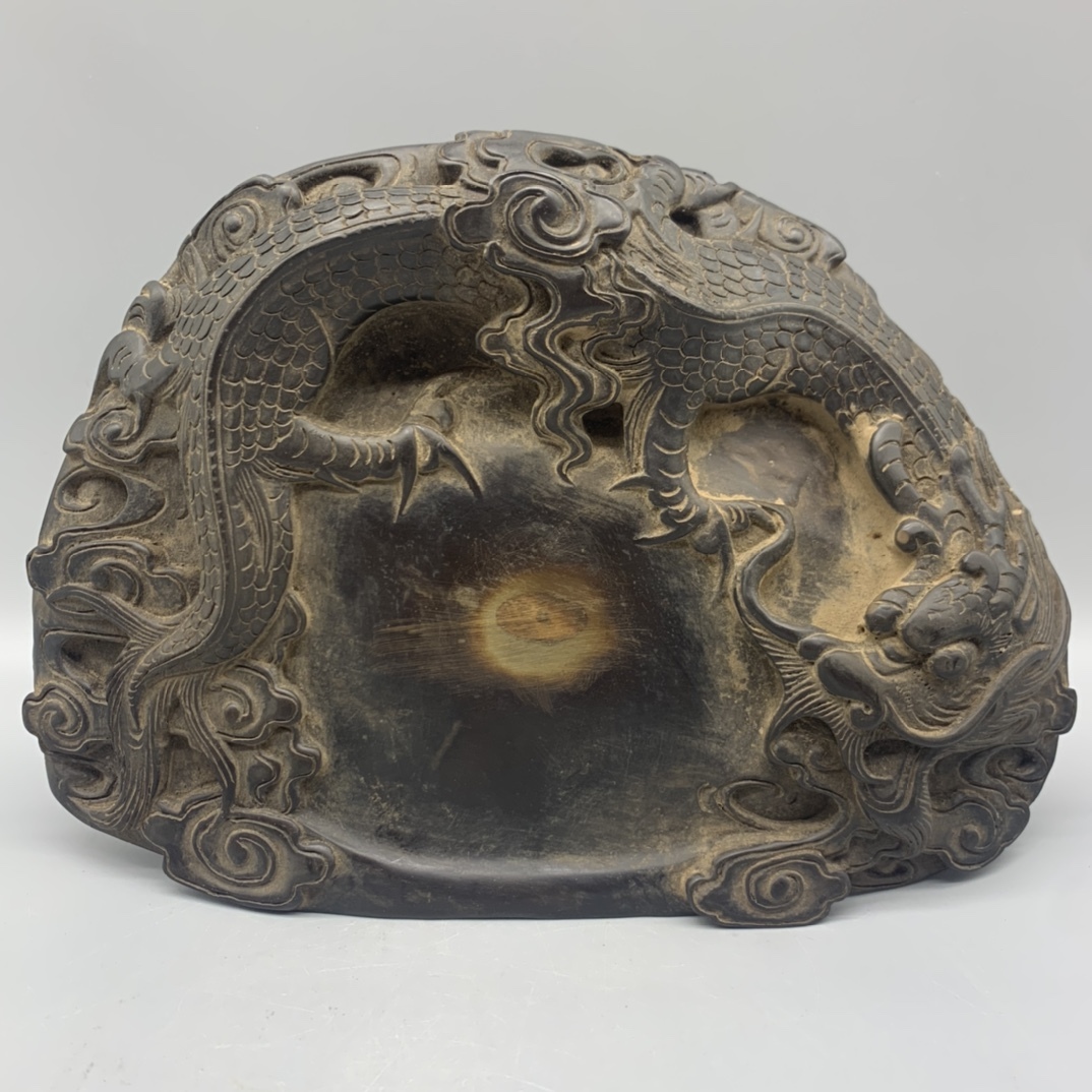 珍藏品 端硯 古硯台 龍紋 宝硯 詩文 硯台 文房具 文房用品 文房四宝之一 置物 時代物 古董品 骨董 旧家蔵出 唐物 中国古玩 華夏品 古美術品