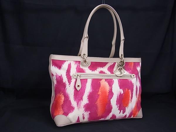 1円 ChristianDior ディオール カナージュ キャンバス×レザー ショルダーバッグ トート 肩掛け パープル系×アイボリー系 FL6150