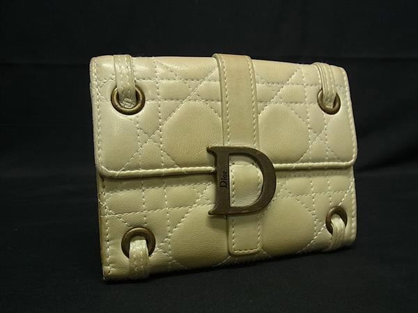 1円 ChristianDior クリスチャンディオール カナージュ レザー 二つ折り 財布 ウォレット レディース ライトベージュ系 GA5020