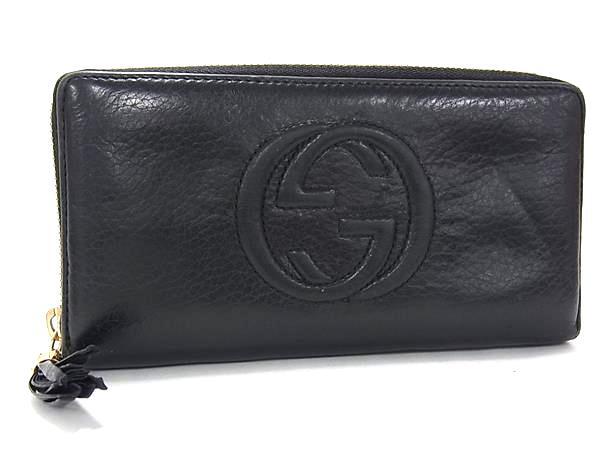 1円 GUCCI グッチ インターロッキングG レザー ラウンドファスナー 長(zhǎng)財(cái)布 ウォレット 札入れ 小銭入れ レディース ブラック系 FM9988