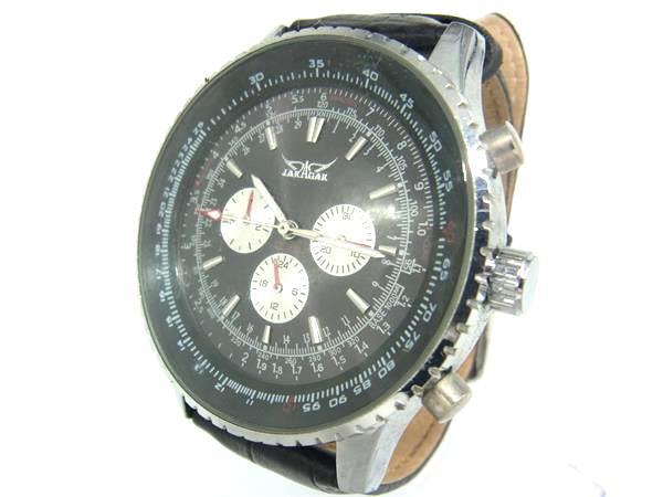 ■稼働品■ JAEGER ジャガー レザー×ステンレススチール 腕時計 ウォッチ メンズ ブラック系×シルバー系 DJ6805