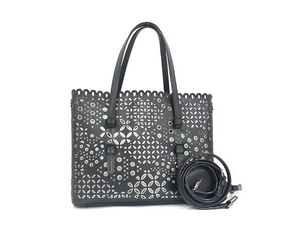 1円 ALAIA アライア レザー 2WAY ハンドバッグ トートバッグ ショルダーバッグ レディース ブラック系 BP2435