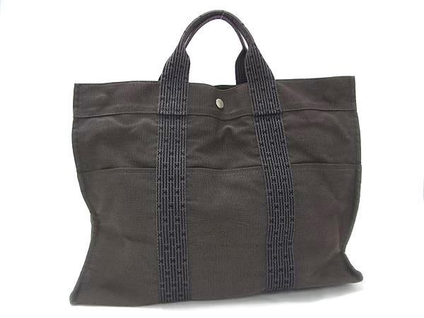 1円 HERMES エルメス エールラインMM キャンバス シルバー金具 ハンドバッグ トート レディース メンズ グレー系 FV0216_画像1
