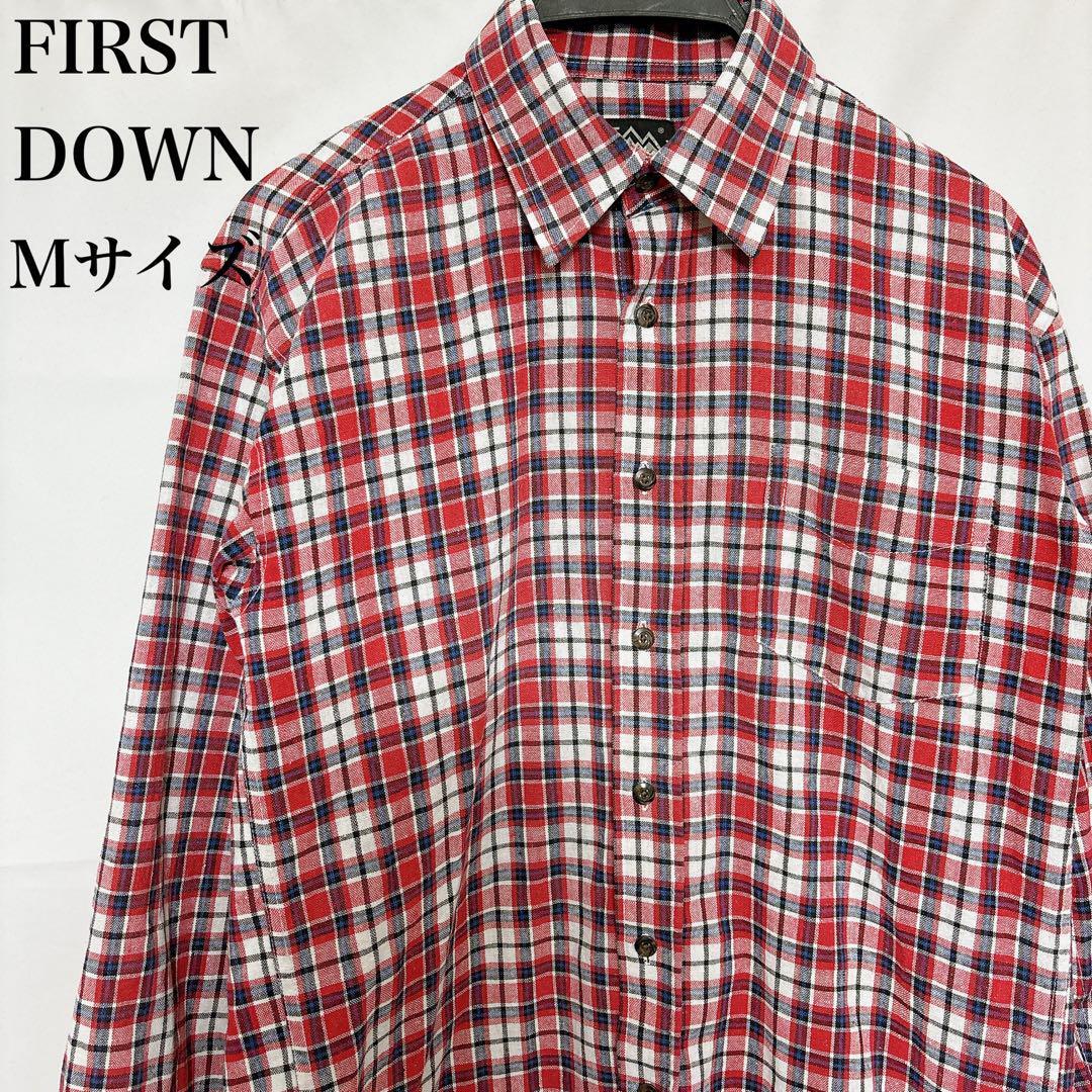 FIRST DOWN ファーストダウン 長袖チェックシャツ メンズ Mサイズ ボタンシャツ 綿 カジュアル アウトドア ポケット付き 赤 白 カジュアル_画像1