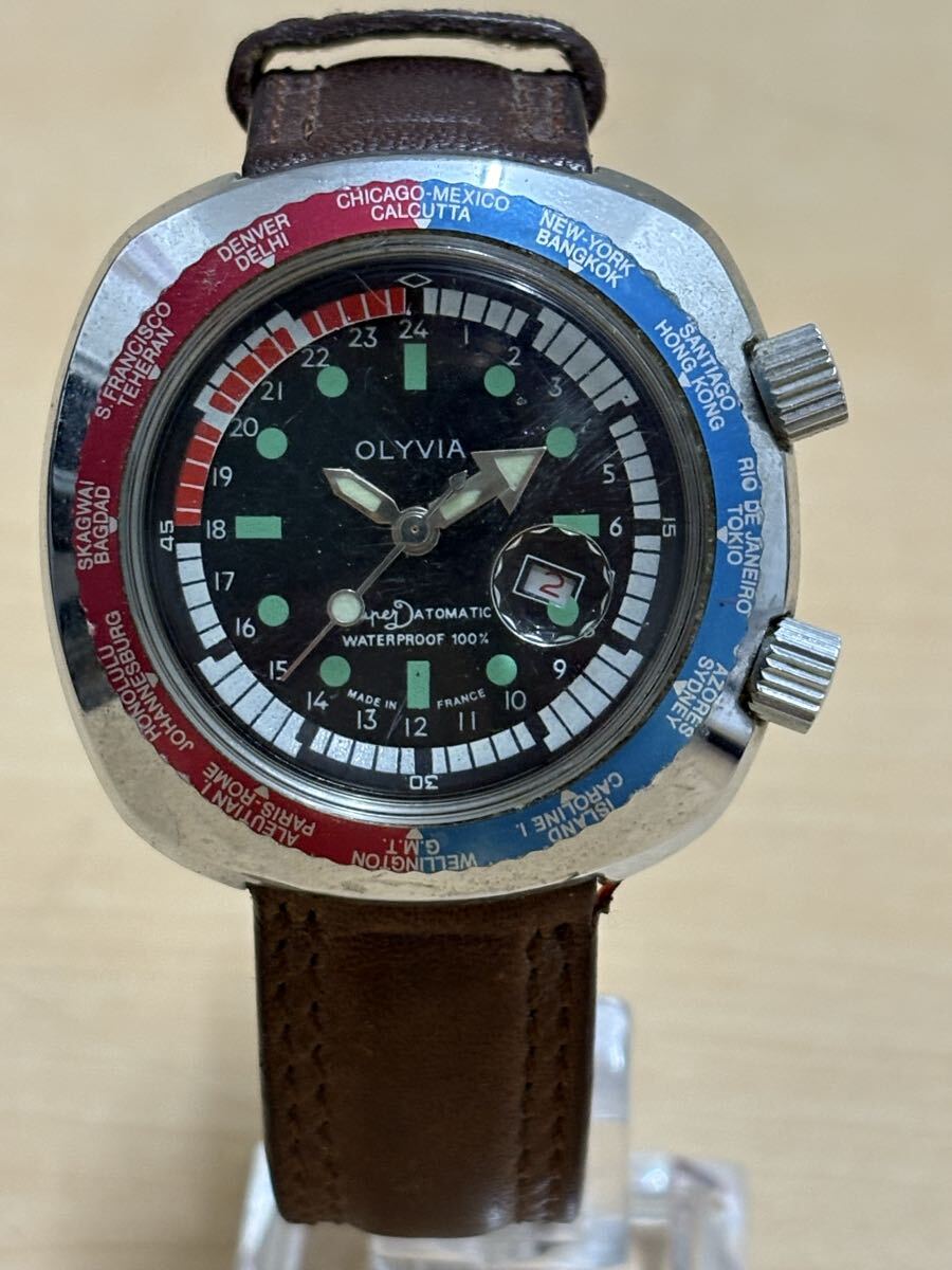 OLYVIA Super Datomatic 黒文字盤 デイト 手巻き メンズ腕時計 稼働品