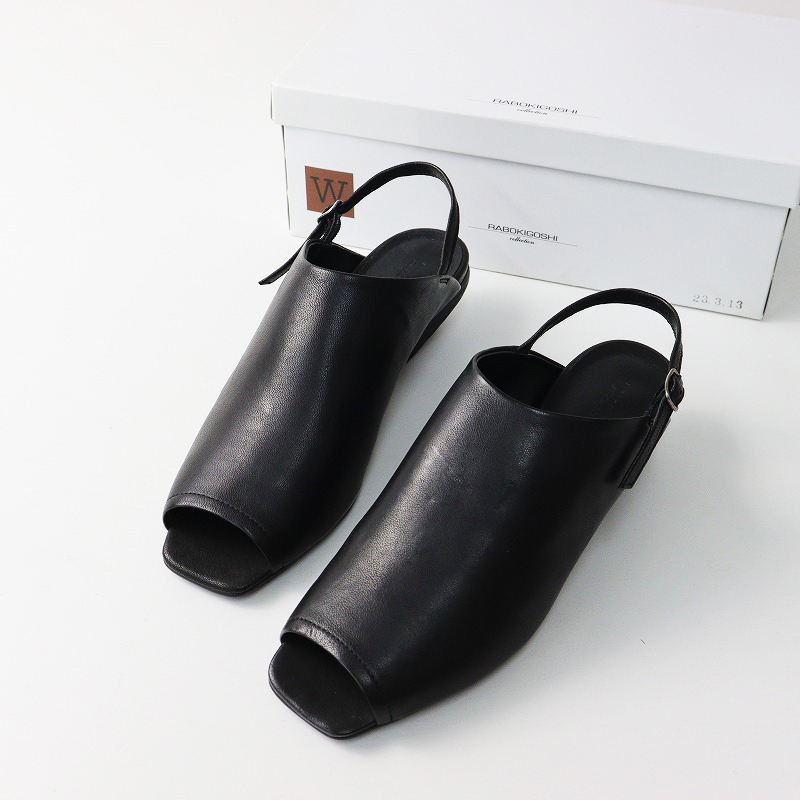 極美品 ラボキゴシ ワークス RABOKIGOSHI works 12563 スクエア オープントウ サンダル 23.5cm ブラック/本革 ヒール【2400014564587】_画像1