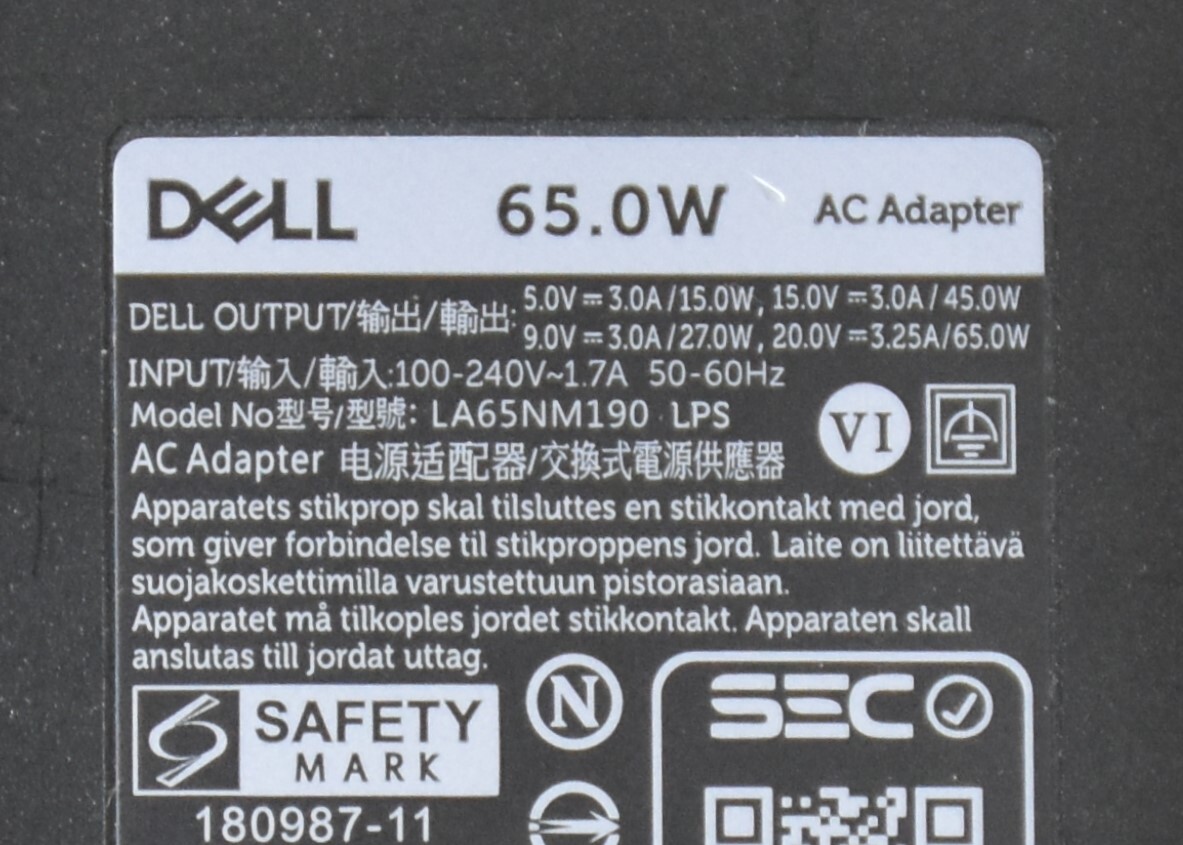 DELL Type-C 65W ACアダプター /20V 3.25A 65W/DELL USB-C 65W/動作確認済み/中古品_画像3