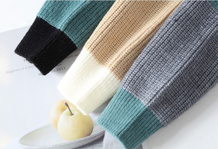 P982-2XL新品DCKMANY ウール混 クルーネック ニットセーター メンズ 秋冬 リブ編み 配色 厚手 暖かい 長袖 プルオーバー トップス/ブラック_画像5