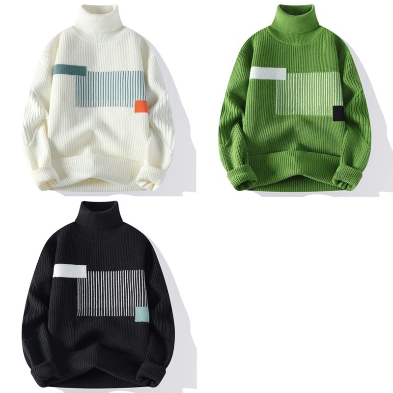 P974-2XL 新品 DCKMANY ウール混 タートルネック ニットセーター メンズ 秋冬 リブ編み 配色 厚手 暖かい 長袖 プルオーバー トップス/白_画像2