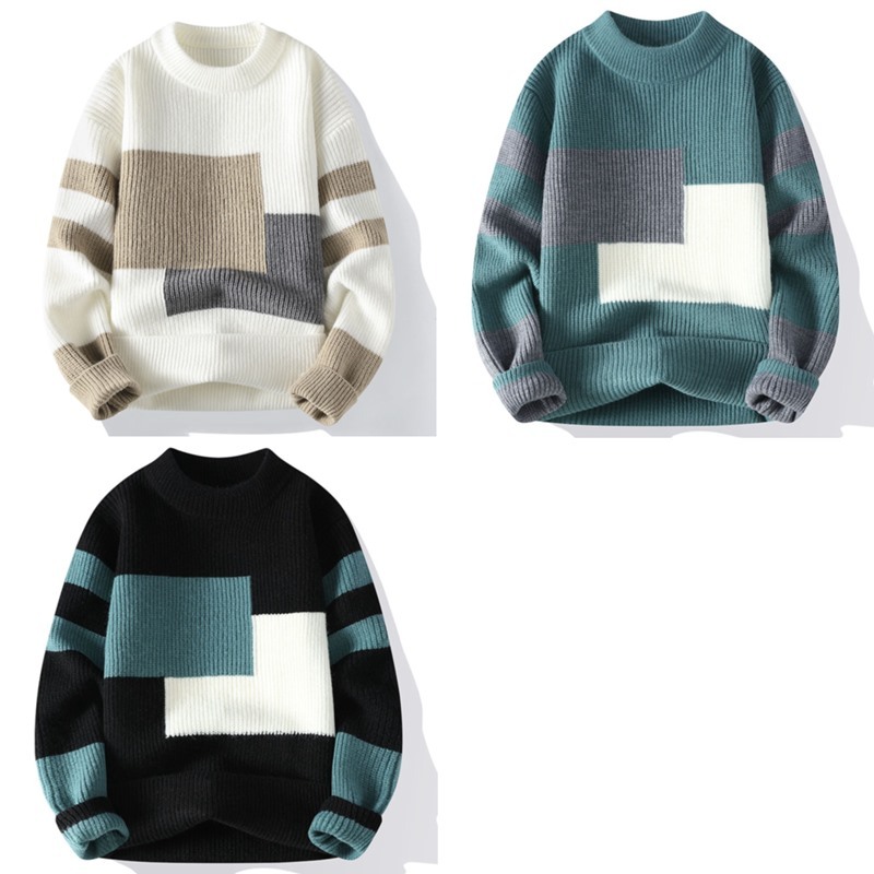 P982-2XL新品DCKMANY ウール混 クルーネック ニットセーター メンズ 秋冬 リブ編み 配色 厚手 暖かい 長袖 プルオーバー トップス/ブラック_画像2