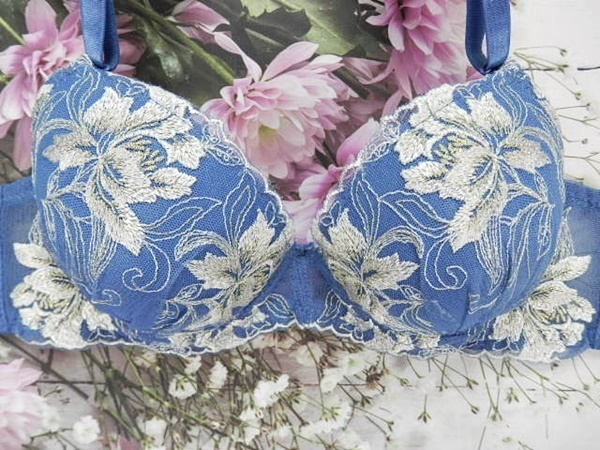 Za7021◆新品 ブラショーツセット【A70/M】下着 ランジェリー Wパッド 厚盛 豪華百合刺繍 青系_画像5