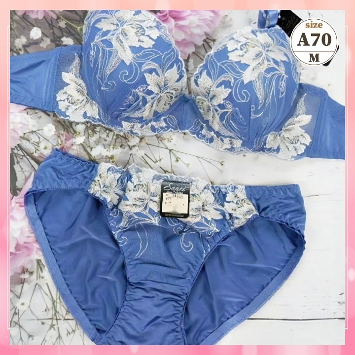Za7021◆新品 ブラショーツセット【A70/M】下着 ランジェリー Wパッド 厚盛 豪華百合刺繍 青系_画像1