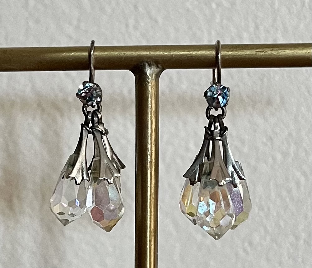 ヨーロッパアンティーク オーロラグラス+アイリスグラス+シルバーフックピアス ヴィンテージ アイリスガラス アンティーク antique vintage_画像1