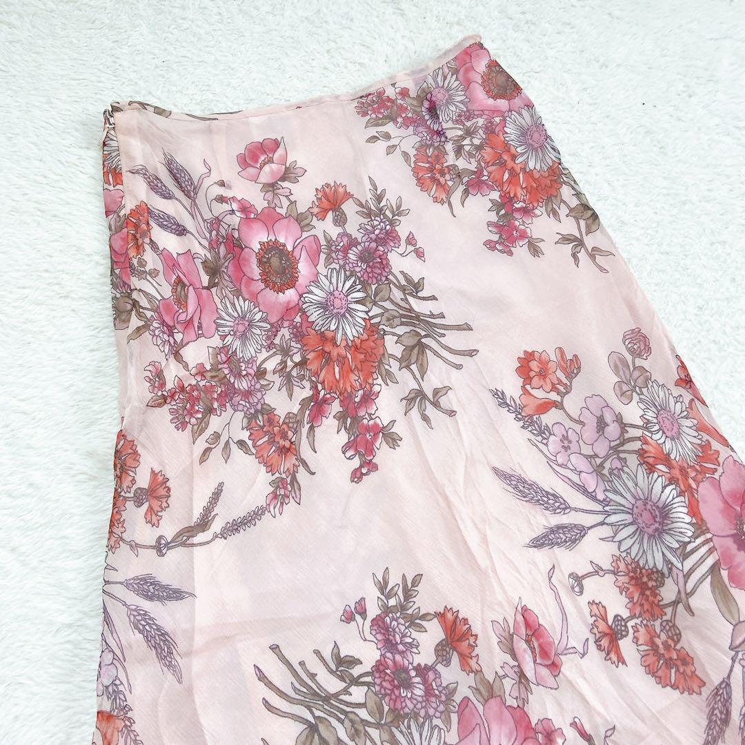 75-33 －大特価ー 【銀座マギー】 シルク100% シアー フレアスカート （M） 日本製 花柄 MAGGY ロングスカート マーメイド ピンク 総柄_画像7