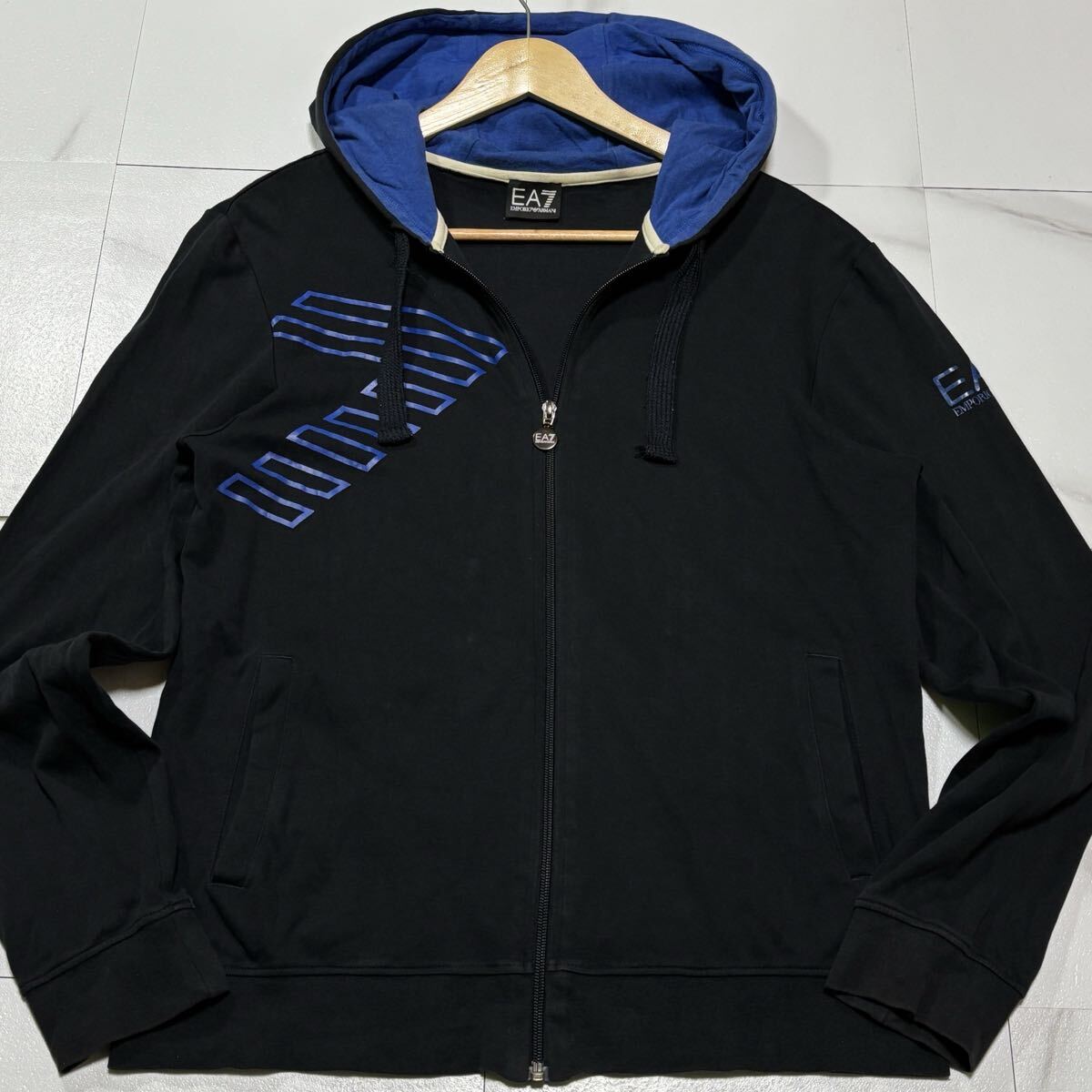 美品/ Lサイズ EMPORIO ARMANI パーカー ジップアップ エンポリオ アルマーニ EA7 ブランドロゴ フード ブラック 黒 