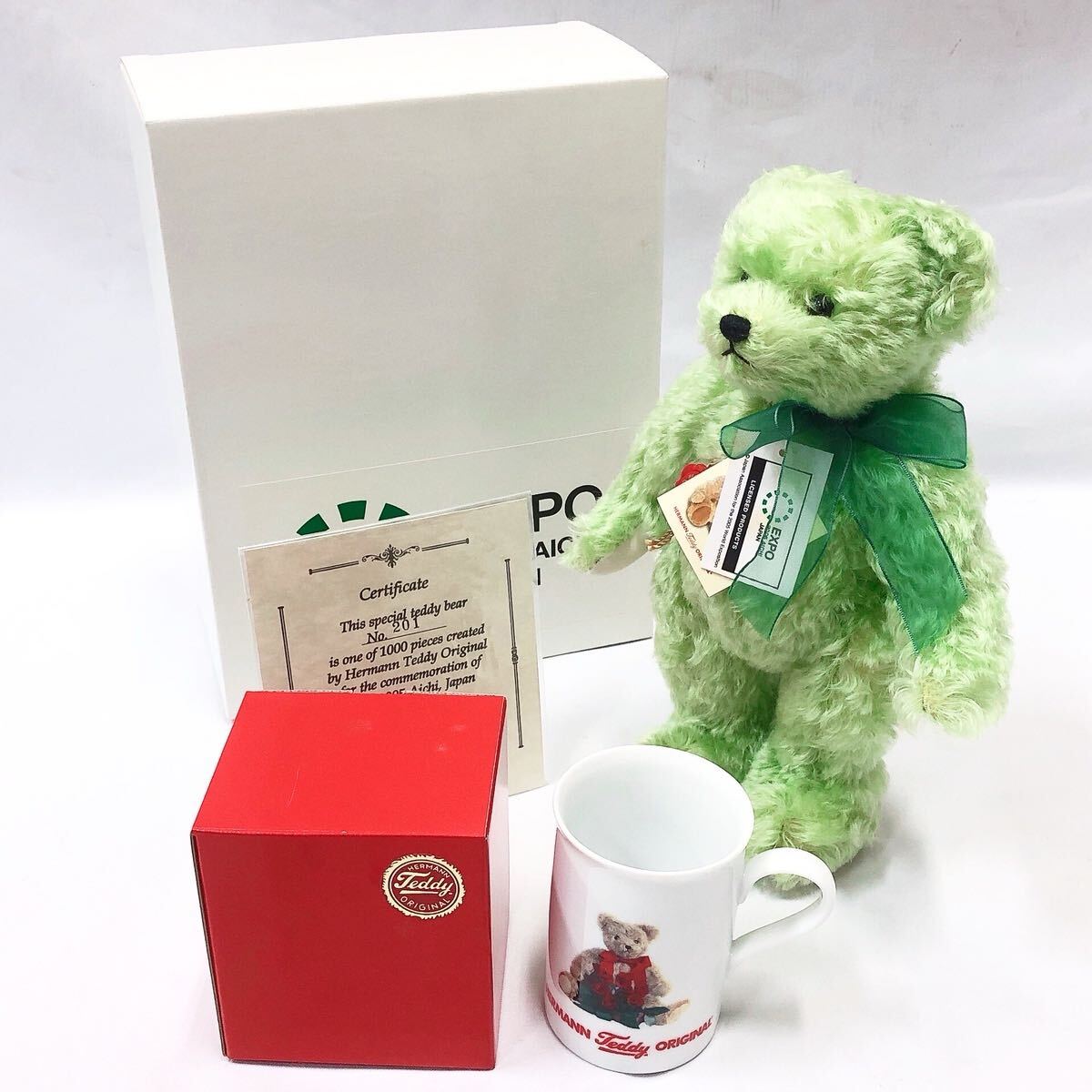 本體美品　HERMANN ハーマン 2005年 愛?地球博 メモリアルテディベア　全長約30cm/マグカップ(未使用) R阿0918
