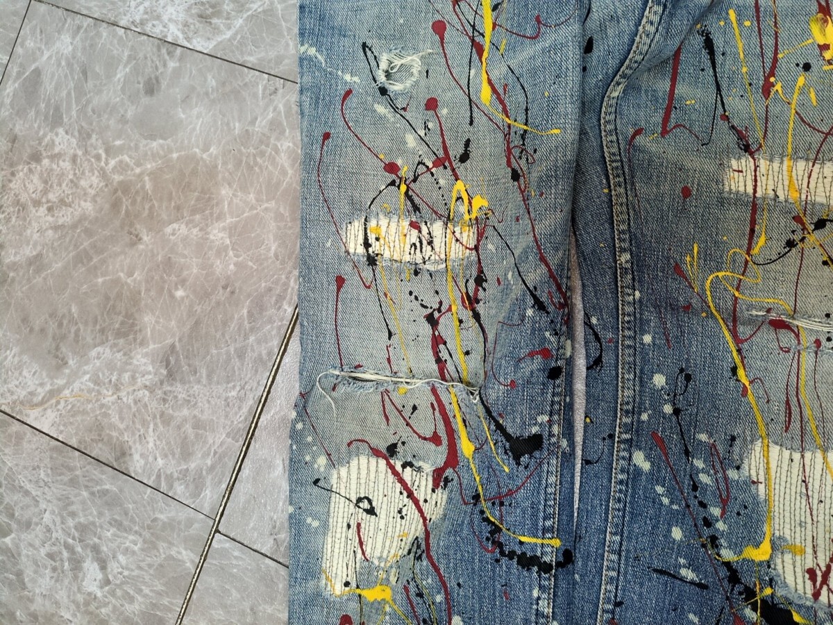 1．JOHN BULL ペイント 鬼加工 鬼ヒゲ 雰囲気抜群 襤褸 グランジ ボタンフライ デニム パンツ ジーンズ ジョンブル ペンキ L相當(dāng) y103