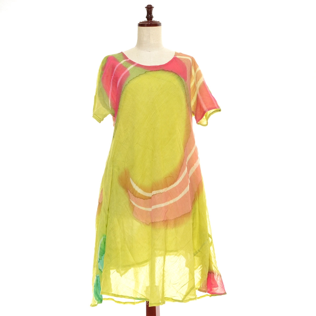 ■560877 MALAIKA マライカ ミニワンピース ○タイダイ柄エスニックOP サイズ44 絞り染め アジアン レディース インド製 グリーン他_画像1