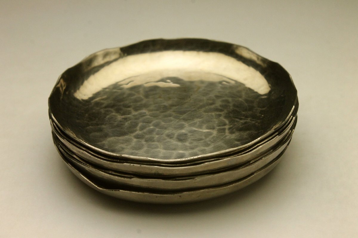 【余韻】 時代物 いぶし銀 銅造 輪花 小皿 豆皿 6客揃★無傷美品 茶道具＜同梱可＞_画像5